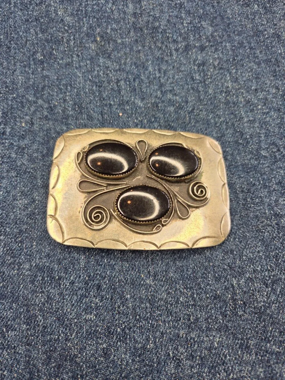 Handmade, Vintage - Arizona Silversmiths German Silver And Onyx Belt Buckle